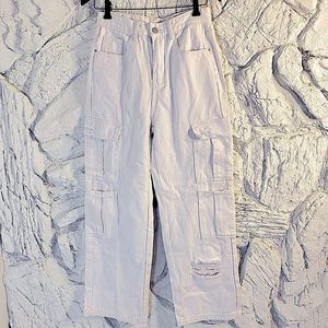 SHEIN S Women’s White Distressed Denim High Waist Wide Leg Relaxed Cargo Pants